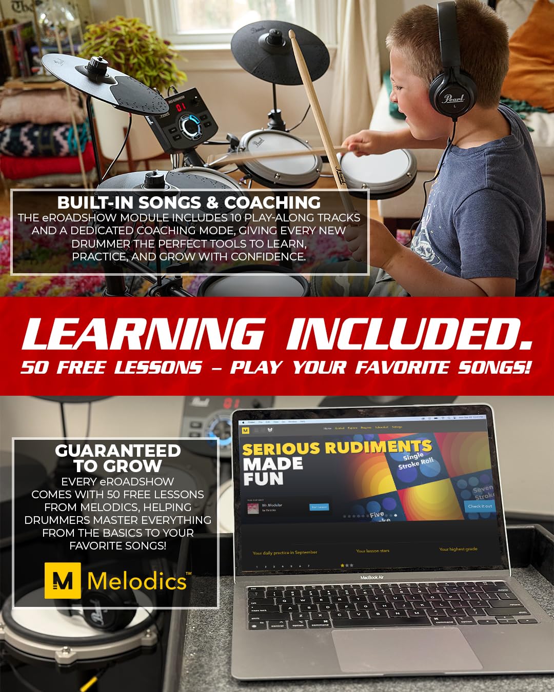 Pearl Roadshow Drum Set 5-Piece Complete Kit with Cymbals and Stands, Jet Black (RS525SC/C31)