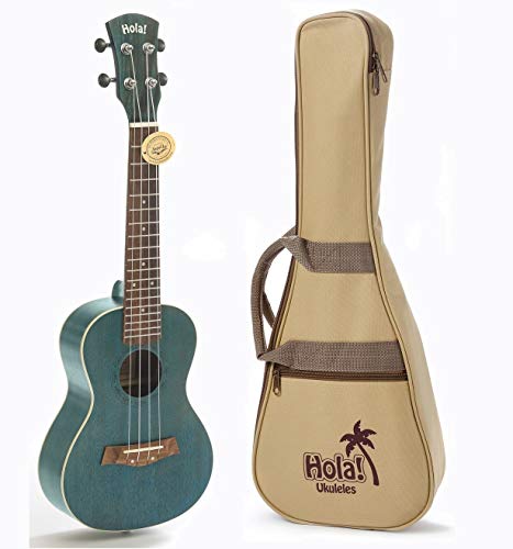 Concert Ukulele Bundle, Deluxe Series by Hola! Music, 24 Inch Mahogany Ukulele with Aquila Nylgut Strings Installed, Padded Gig Bag, Strap and Picks - Blue