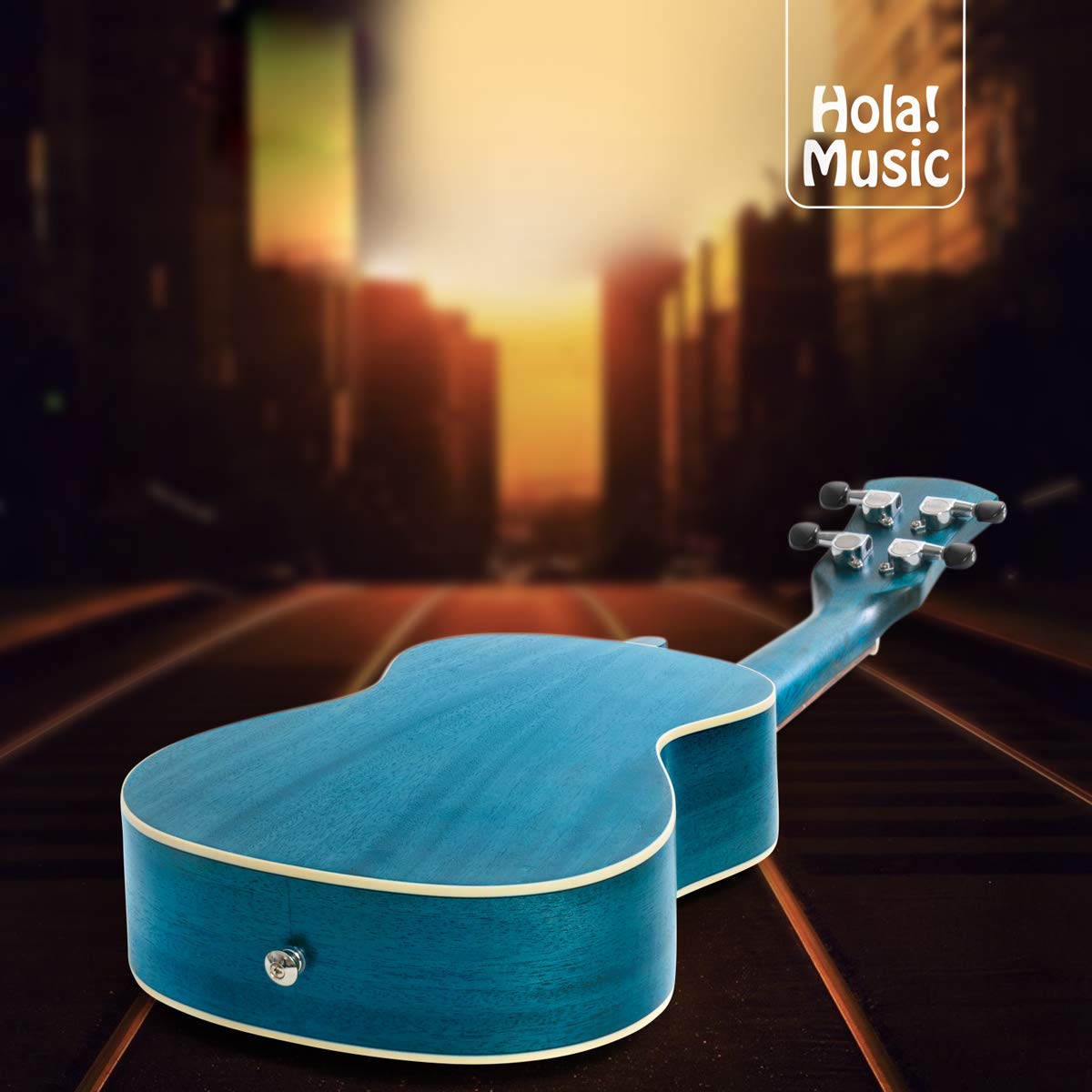 Concert Ukulele Bundle, Deluxe Series by Hola! Music, 24 Inch Mahogany Ukulele with Aquila Nylgut Strings Installed, Padded Gig Bag, Strap and Picks - Blue