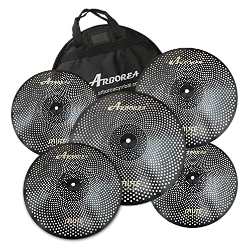Low Volume Cymbal Pack Mute Set 14'Hihats+16"Crash+18'Crash+20"Ride 5 Pieces Silver Drummer Practice Quiet Cymbal for Drum Set