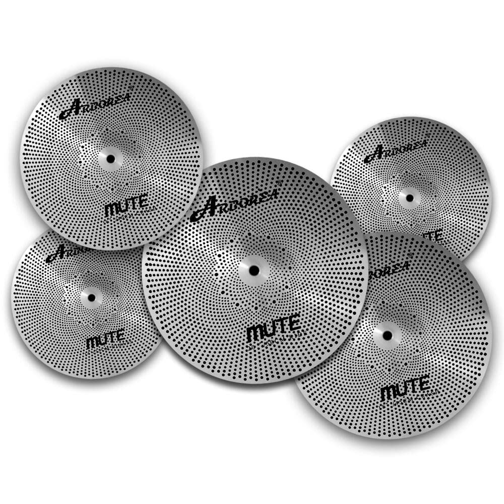 Low Volume Cymbal Pack Mute Set 14'Hihats+16"Crash+18'Crash+20"Ride 5 Pieces Silver Drummer Practice Quiet Cymbal for Drum Set