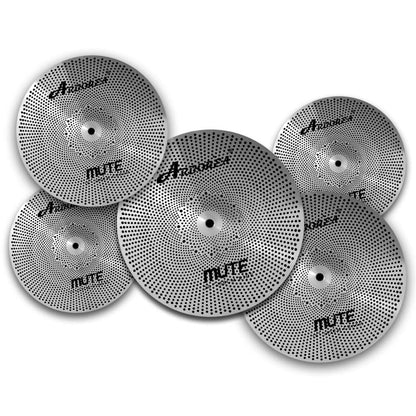 Low Volume Cymbal Pack Mute Set 14'Hihats+16"Crash+18'Crash+20"Ride 5 Pieces Silver Drummer Practice Quiet Cymbal for Drum Set
