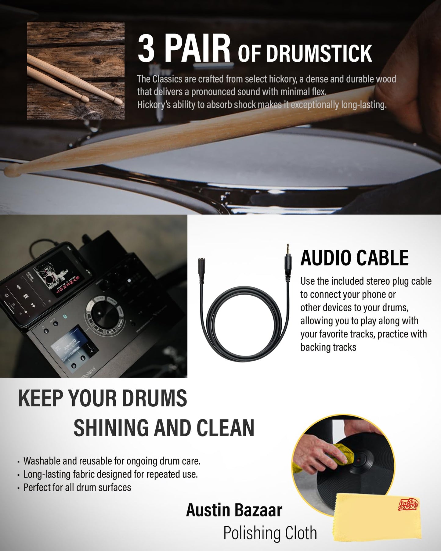 Roland Generation 2 V-Drums TD-17KVX2 Electronic Drum Set Bundle with 3.5mm Audio Cable, Drumstick Bag, 3 Pairs of Drumsticks, and Austin Bazaar Polishing Cloth