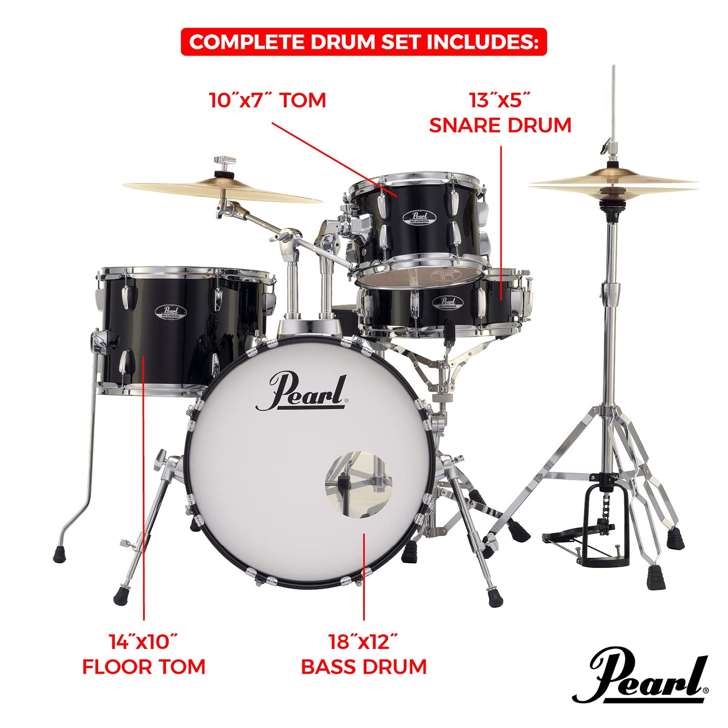 Pearl Roadshow Drum Set 5-Piece Complete Kit with Cymbals and Stands, Jet Black (RS525SC/C31)