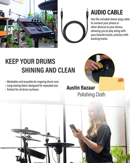 Roland Generation 2 V-Drums TD-17KVX2 Electronic Drum Set Bundle with 3.5mm Audio Cable, Drumstick Bag, 3 Pairs of Drumsticks, and Austin Bazaar Polishing Cloth