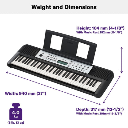 Yamaha 61-Key Portable Keyboard for Beginners with Built-In Songs, Quiz Mode, Music Rest, with Power Adapter YPT280