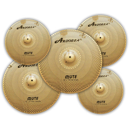 Low Volume Cymbal Pack Mute Set 14'Hihats+16"Crash+18'Crash+20"Ride 5 Pieces Silver Drummer Practice Quiet Cymbal for Drum Set