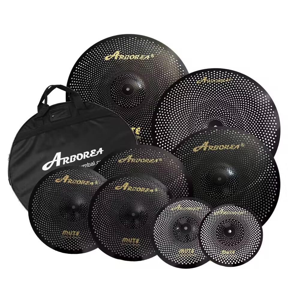 Low Volume Cymbal Pack Mute Set 14'Hihats+16"Crash+18'Crash+20"Ride 5 Pieces Silver Drummer Practice Quiet Cymbal for Drum Set