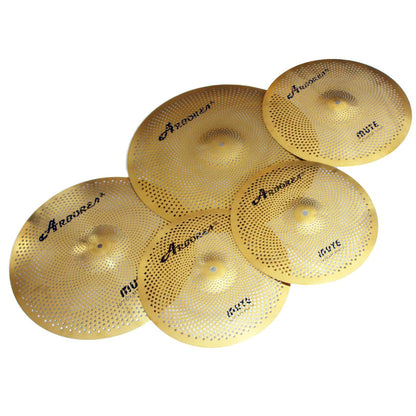 Low Volume Cymbal Pack Mute Set 14'Hihats+16"Crash+18'Crash+20"Ride 5 Pieces Silver Drummer Practice Quiet Cymbal for Drum Set