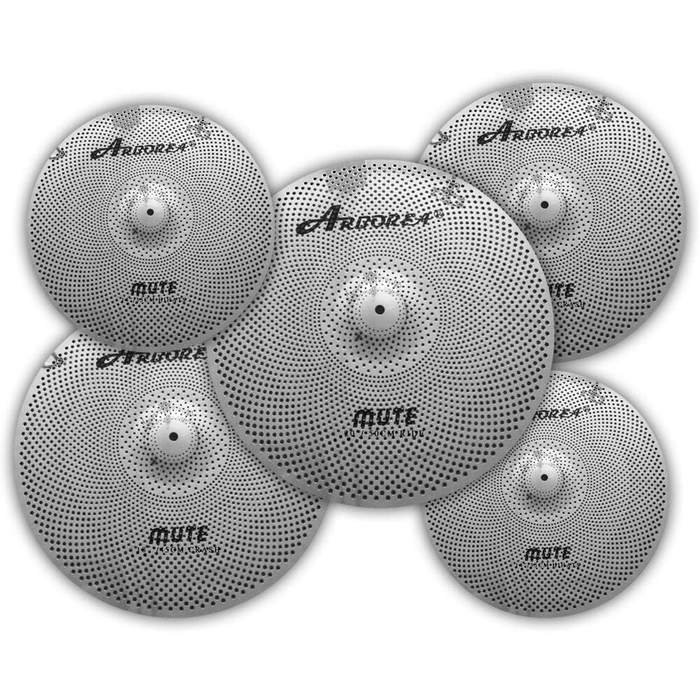 Low Volume Cymbal Pack Mute Set 14'Hihats+16"Crash+18'Crash+20"Ride 5 Pieces Silver Drummer Practice Quiet Cymbal for Drum Set