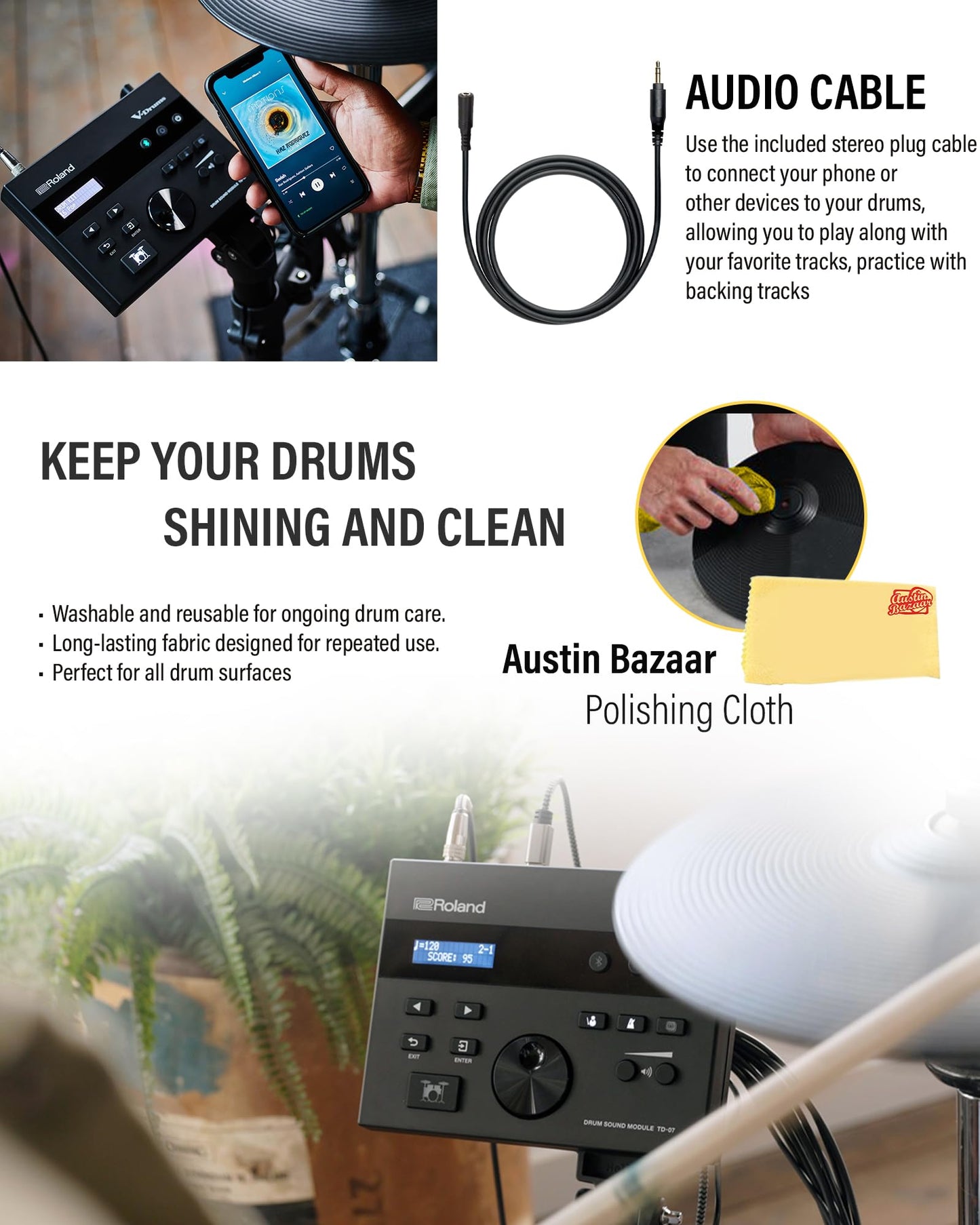Roland Generation 2 V-Drums TD-17KVX2 Electronic Drum Set Bundle with 3.5mm Audio Cable, Drumstick Bag, 3 Pairs of Drumsticks, and Austin Bazaar Polishing Cloth