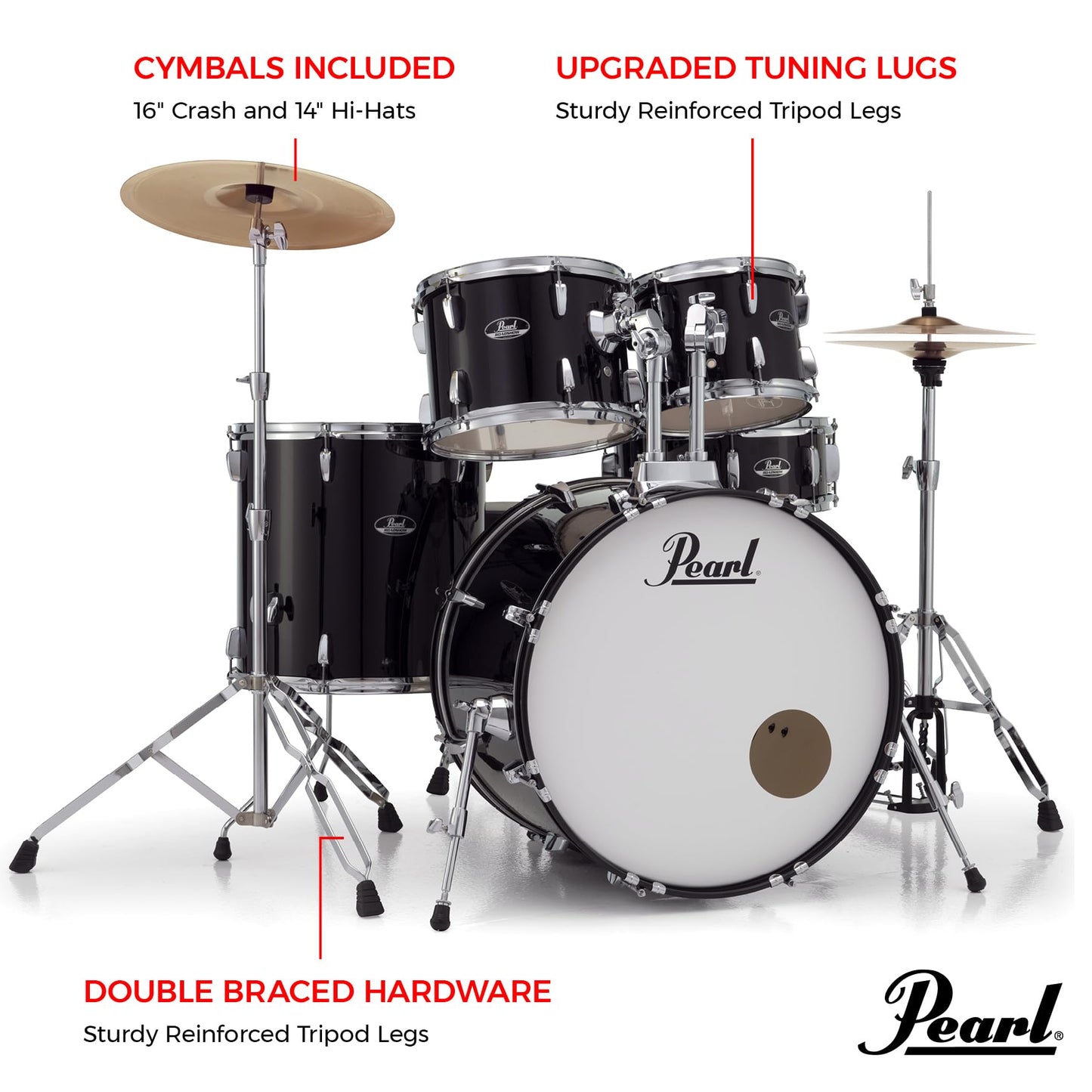 Pearl Roadshow Drum Set 5-Piece Complete Kit with Cymbals and Stands, Jet Black (RS525SC/C31)