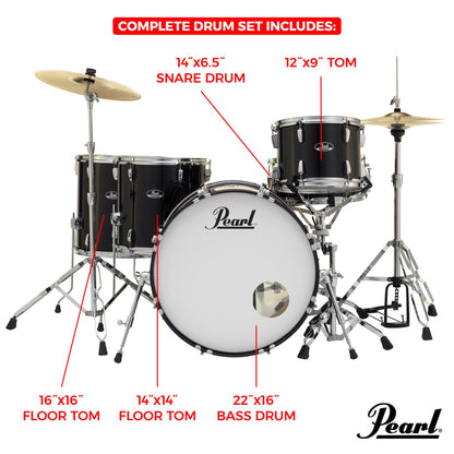 Pearl Roadshow Drum Set 5-Piece Complete Kit with Cymbals and Stands, Jet Black (RS525SC/C31)