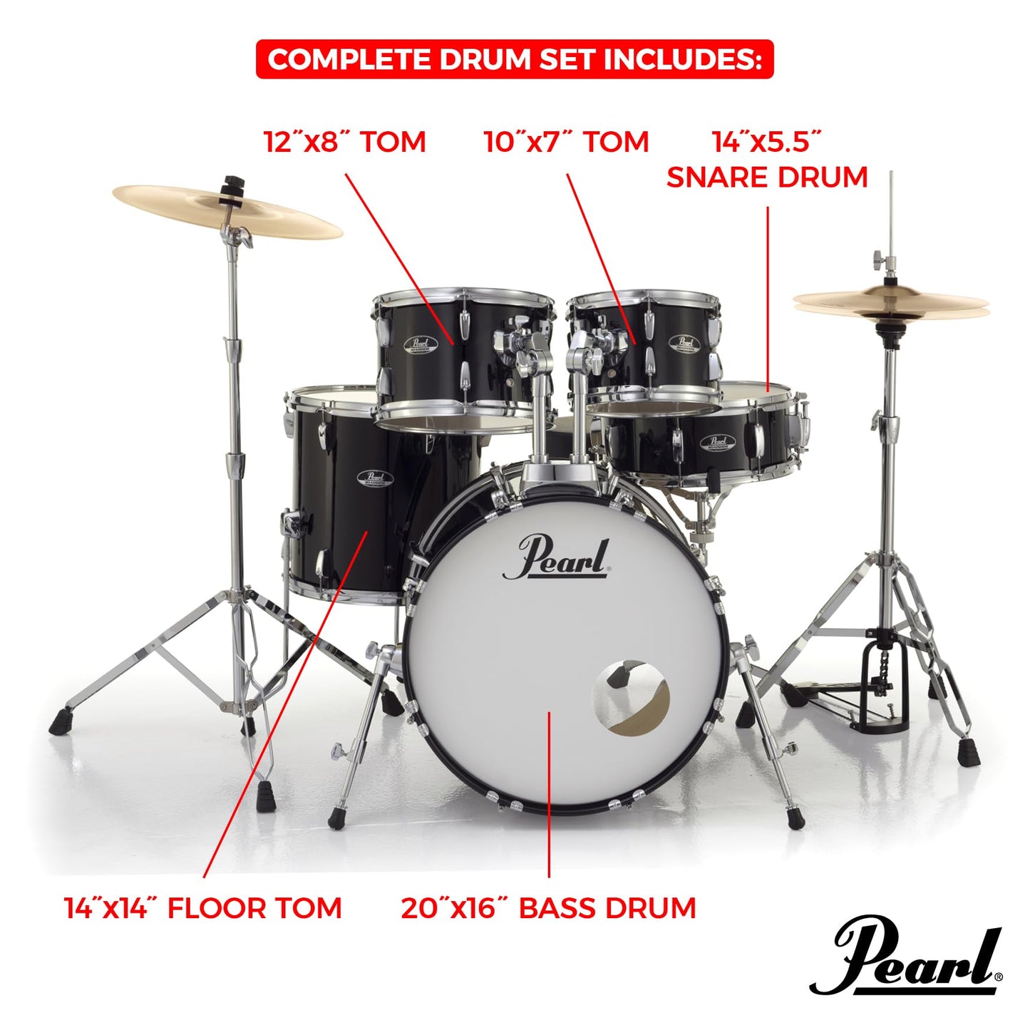 Pearl Roadshow Drum Set 5-Piece Complete Kit with Cymbals and Stands, Jet Black (RS525SC/C31)