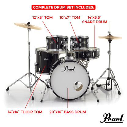 Pearl Roadshow Drum Set 5-Piece Complete Kit with Cymbals and Stands, Jet Black (RS525SC/C31)