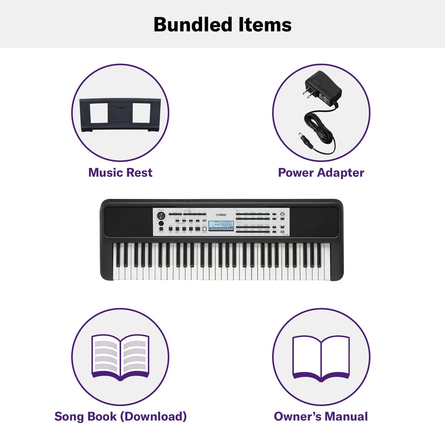 Yamaha 61-Key Portable Keyboard for Beginners with Built-In Songs, Quiz Mode, Music Rest, with Power Adapter YPT280