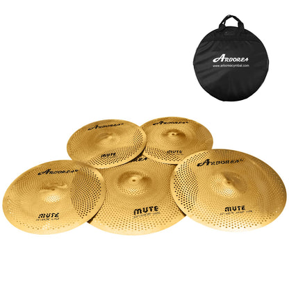 Low Volume Cymbal Pack Mute Set 14'Hihats+16"Crash+18'Crash+20"Ride 5 Pieces Silver Drummer Practice Quiet Cymbal for Drum Set