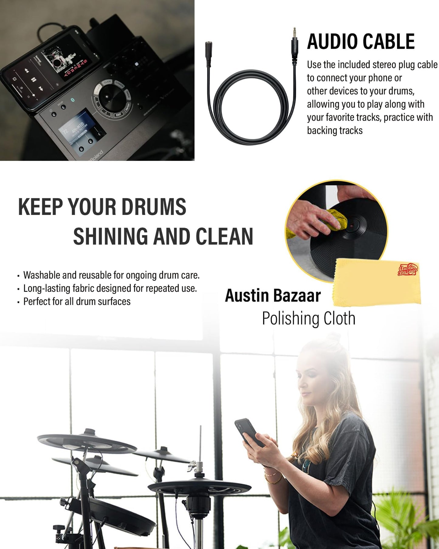 Roland Generation 2 V-Drums TD-17KVX2 Electronic Drum Set Bundle with 3.5mm Audio Cable, Drumstick Bag, 3 Pairs of Drumsticks, and Austin Bazaar Polishing Cloth