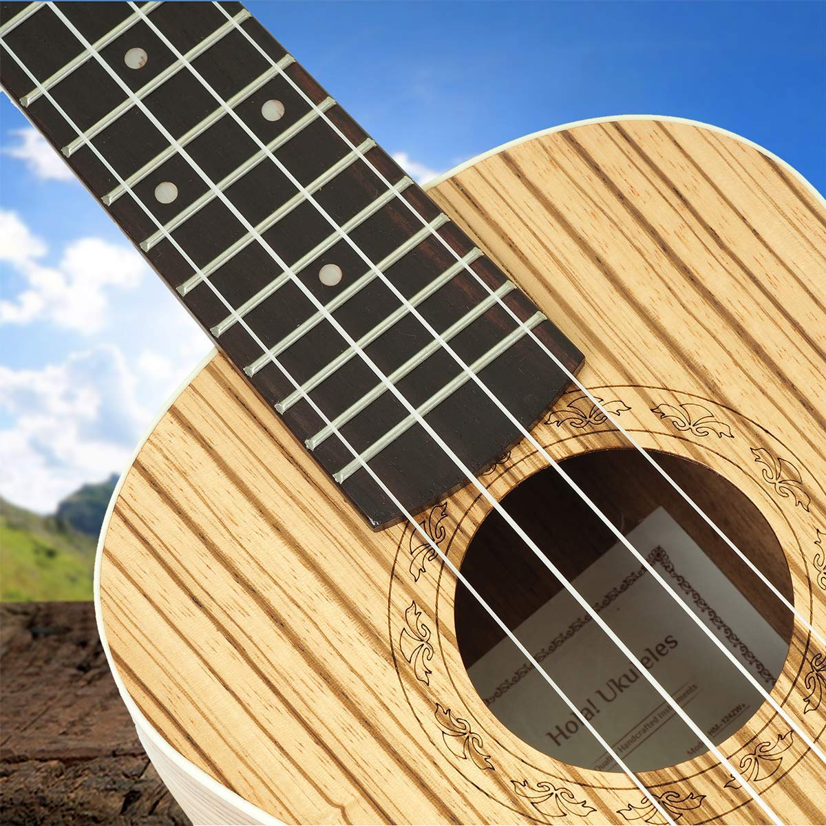 Concert Ukulele Bundle, Deluxe Series by Hola! Music, 24 Inch Mahogany Ukulele with Aquila Nylgut Strings Installed, Padded Gig Bag, Strap and Picks - Blue