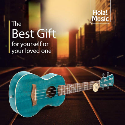Concert Ukulele Bundle, Deluxe Series by Hola! Music, 24 Inch Mahogany Ukulele with Aquila Nylgut Strings Installed, Padded Gig Bag, Strap and Picks - Blue