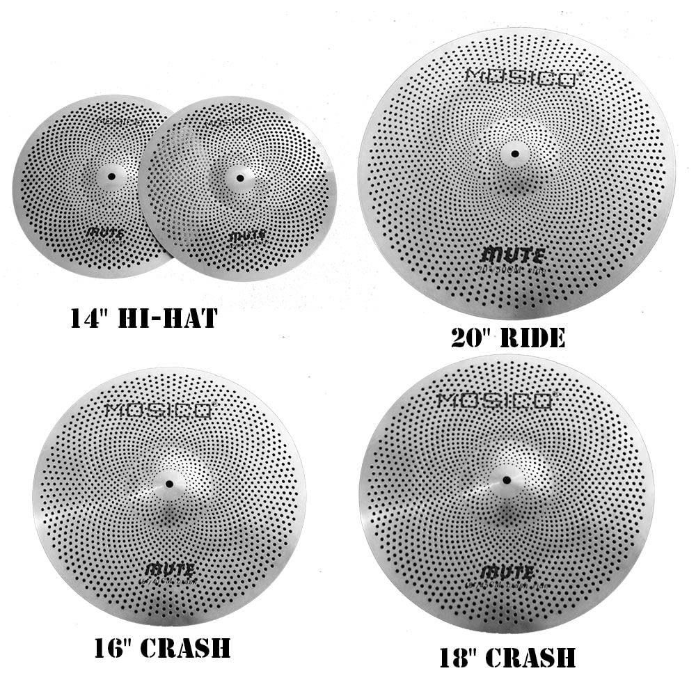 Low Volume Cymbal Pack Mute Set 14'Hihats+16"Crash+18'Crash+20"Ride 5 Pieces Silver Drummer Practice Quiet Cymbal for Drum Set