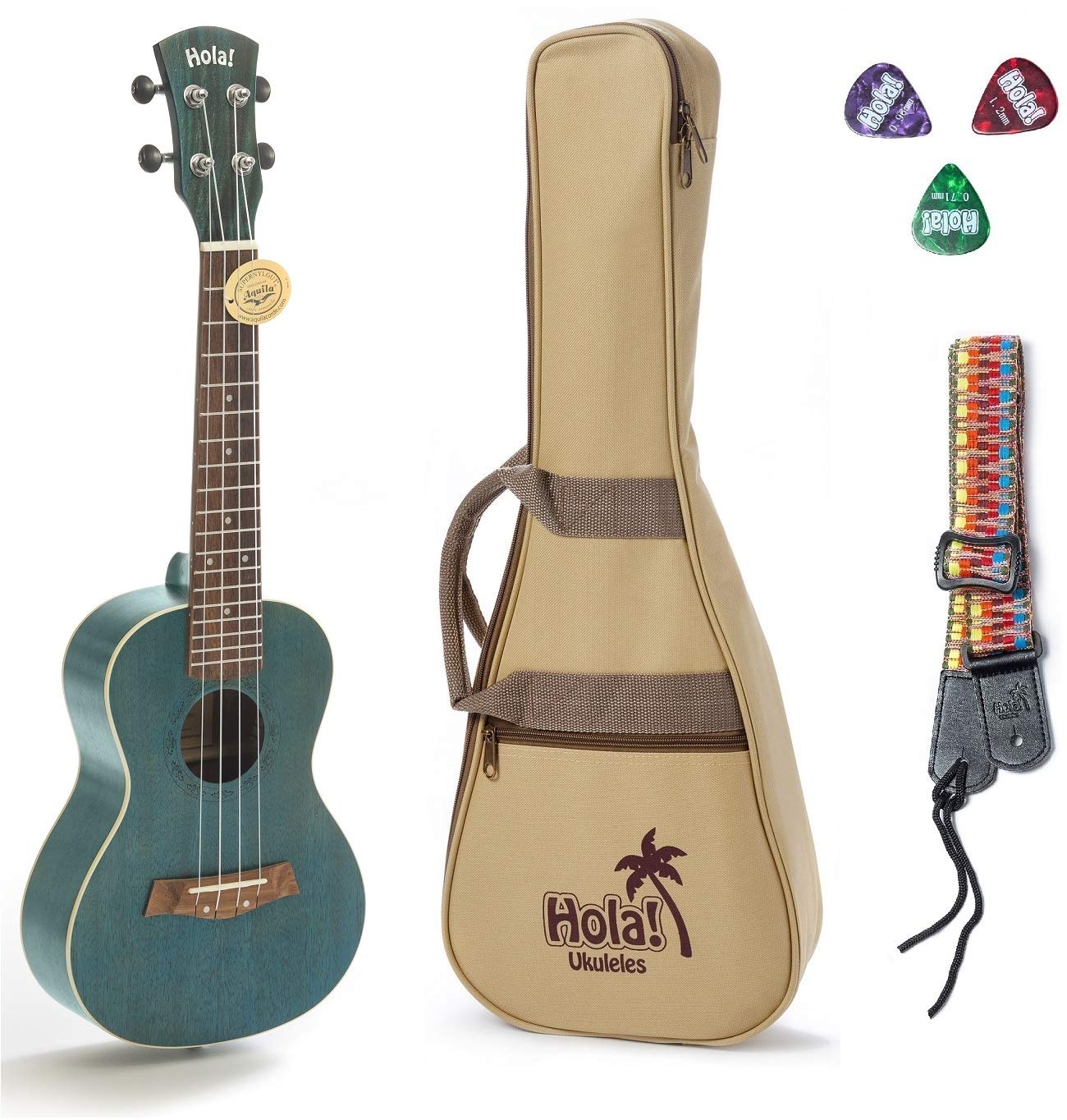 Concert Ukulele Bundle, Deluxe Series by Hola! Music, 24 Inch Mahogany Ukulele with Aquila Nylgut Strings Installed, Padded Gig Bag, Strap and Picks - Blue