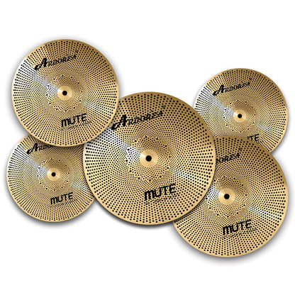 Low Volume Cymbal Pack Mute Set 14'Hihats+16"Crash+18'Crash+20"Ride 5 Pieces Silver Drummer Practice Quiet Cymbal for Drum Set