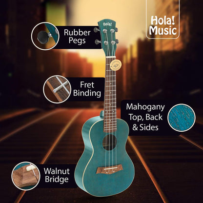 Concert Ukulele Bundle, Deluxe Series by Hola! Music, 24 Inch Mahogany Ukulele with Aquila Nylgut Strings Installed, Padded Gig Bag, Strap and Picks - Blue