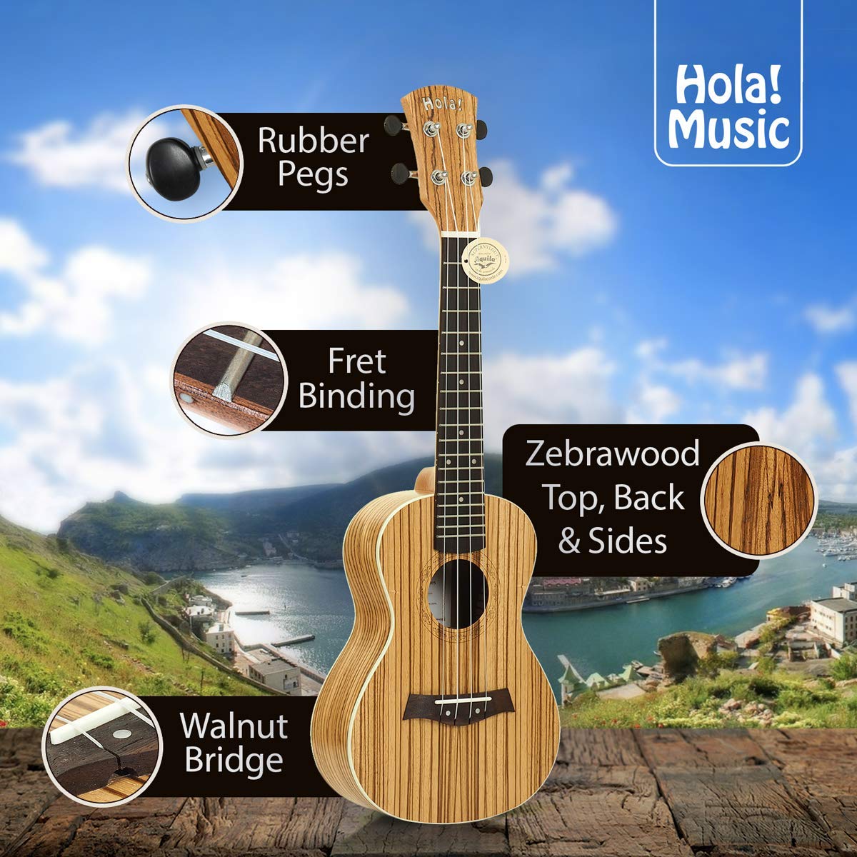 Concert Ukulele Bundle, Deluxe Series by Hola! Music, 24 Inch Mahogany Ukulele with Aquila Nylgut Strings Installed, Padded Gig Bag, Strap and Picks - Blue