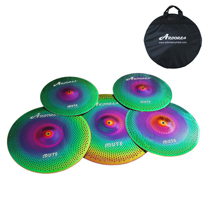 Low Volume Cymbal Pack Mute Set 14'Hihats+16"Crash+18'Crash+20"Ride 5 Pieces Silver Drummer Practice Quiet Cymbal for Drum Set