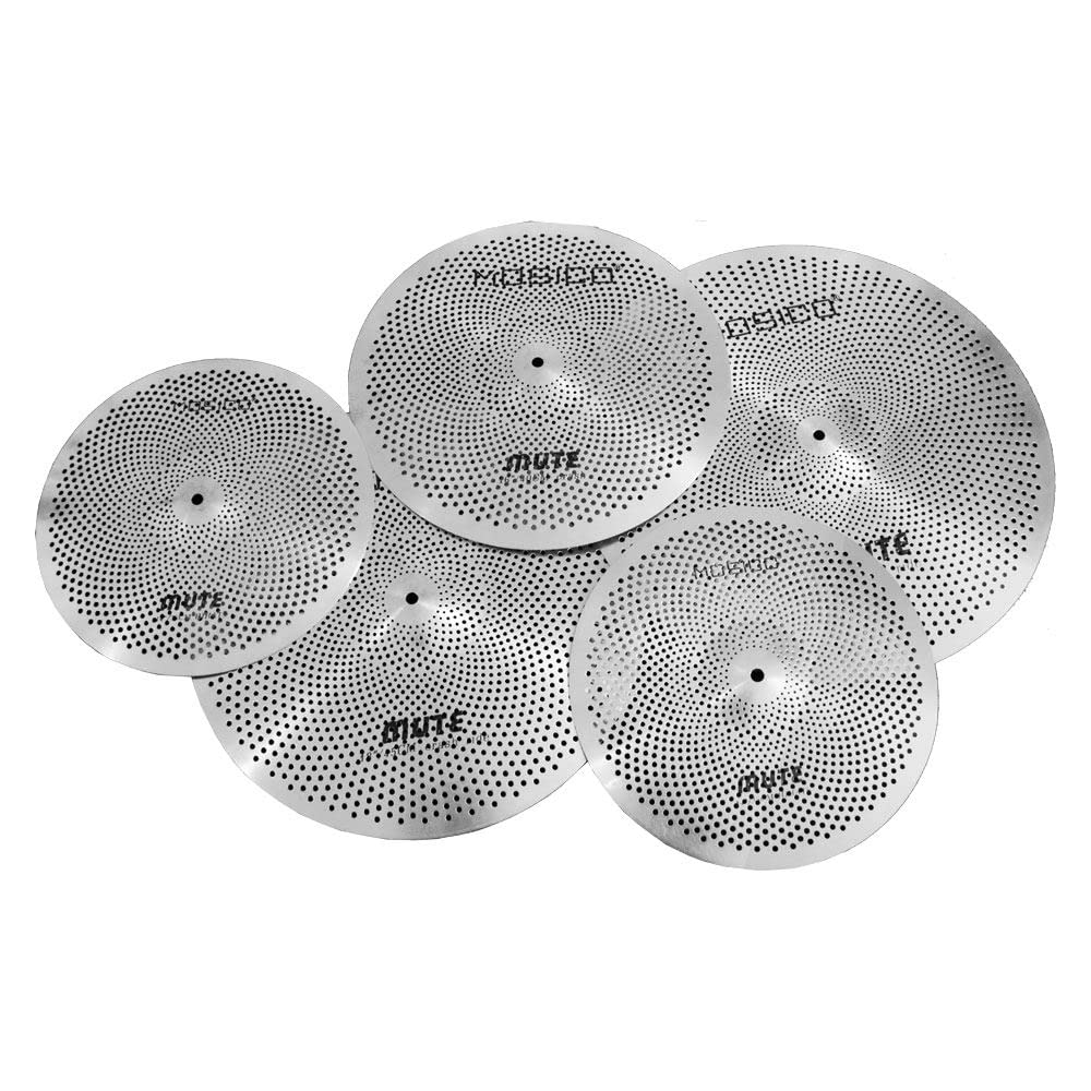 Low Volume Cymbal Pack Mute Set 14'Hihats+16"Crash+18'Crash+20"Ride 5 Pieces Silver Drummer Practice Quiet Cymbal for Drum Set
