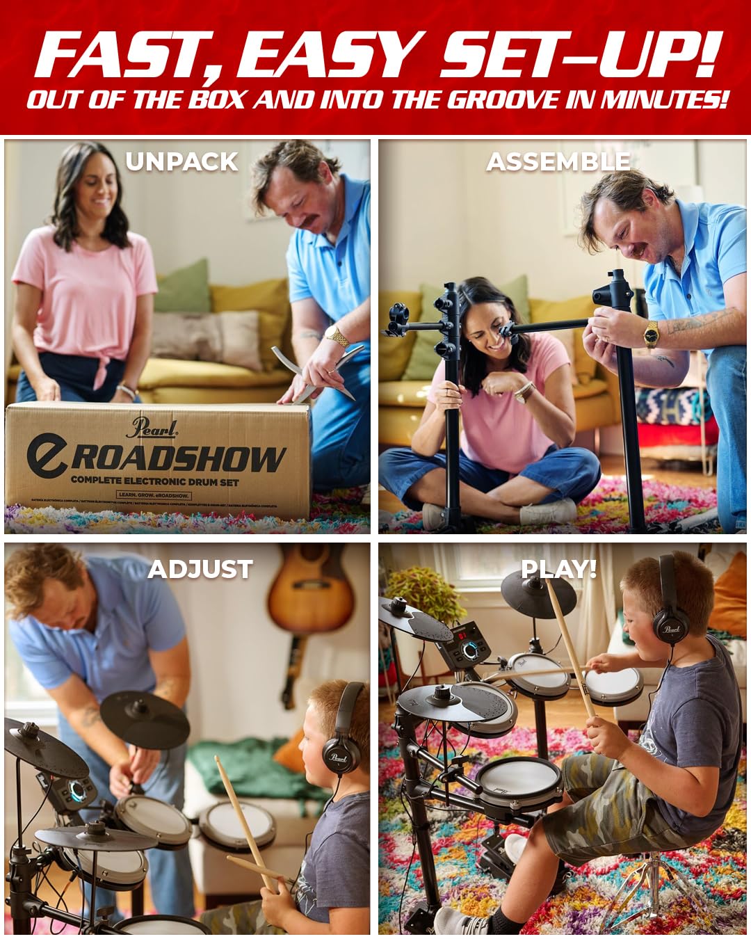 Pearl Roadshow Drum Set 5-Piece Complete Kit with Cymbals and Stands, Jet Black (RS525SC/C31)