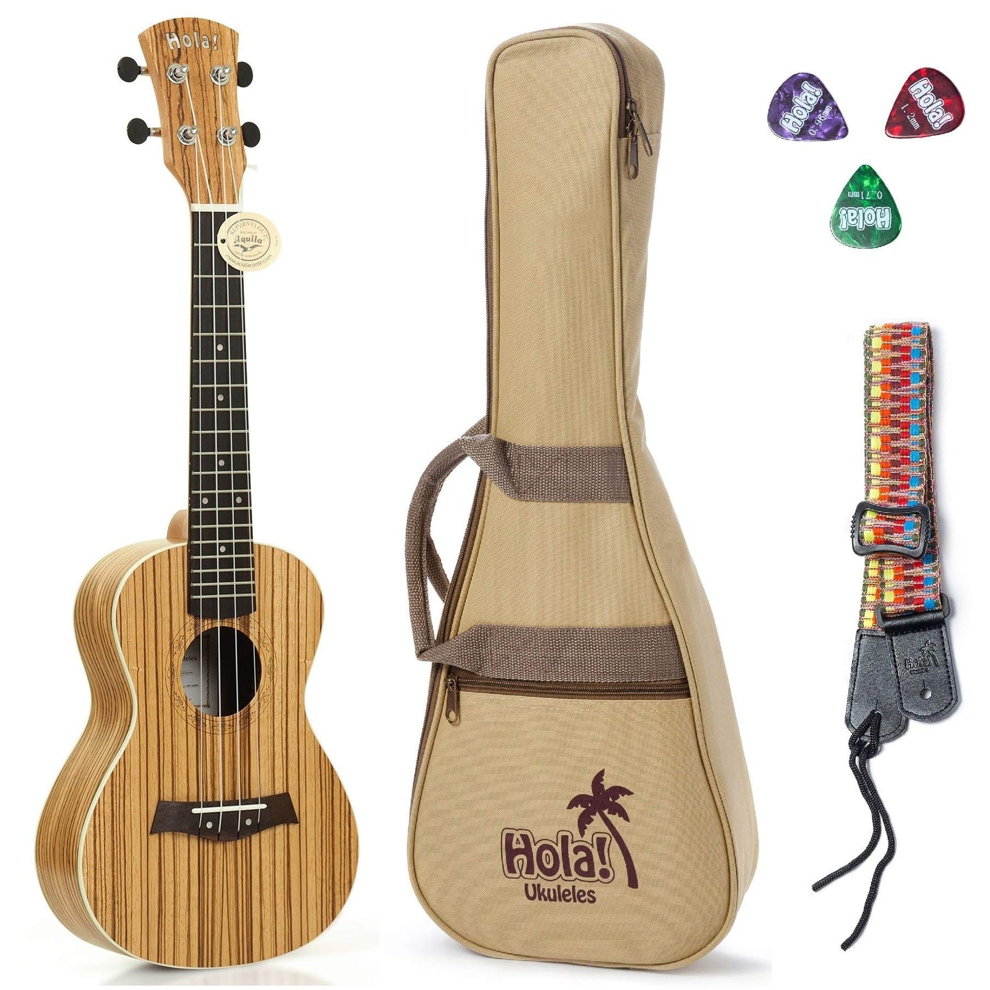Concert Ukulele Bundle, Deluxe Series by Hola! Music, 24 Inch Mahogany Ukulele with Aquila Nylgut Strings Installed, Padded Gig Bag, Strap and Picks - Blue