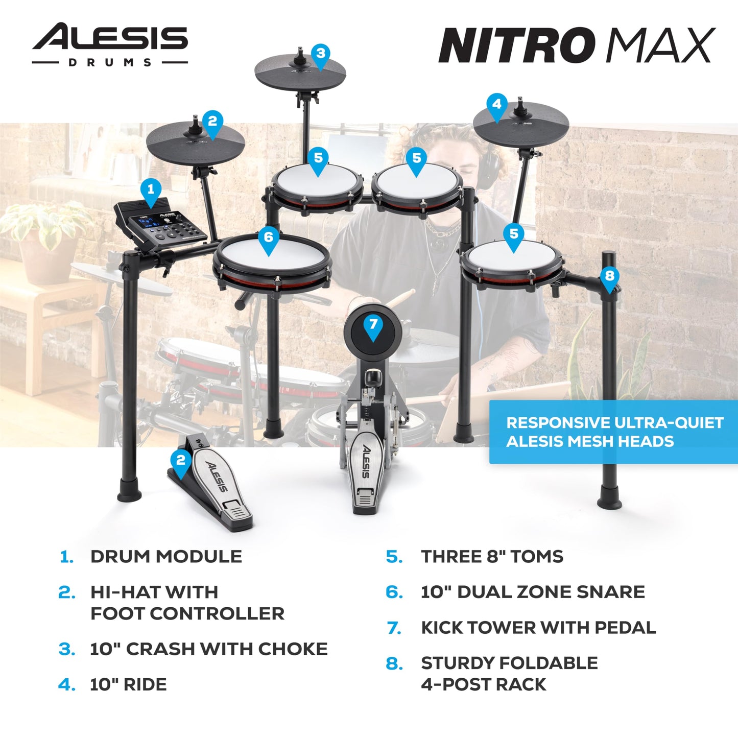 Alesis Nitro Max Kit Electric Drum Set with Quiet Mesh Pads, 10" Dual Zone Snare, Bluetooth, 440+ Authentic Sounds, Drumeo, USB MIDI, Kick Pedal