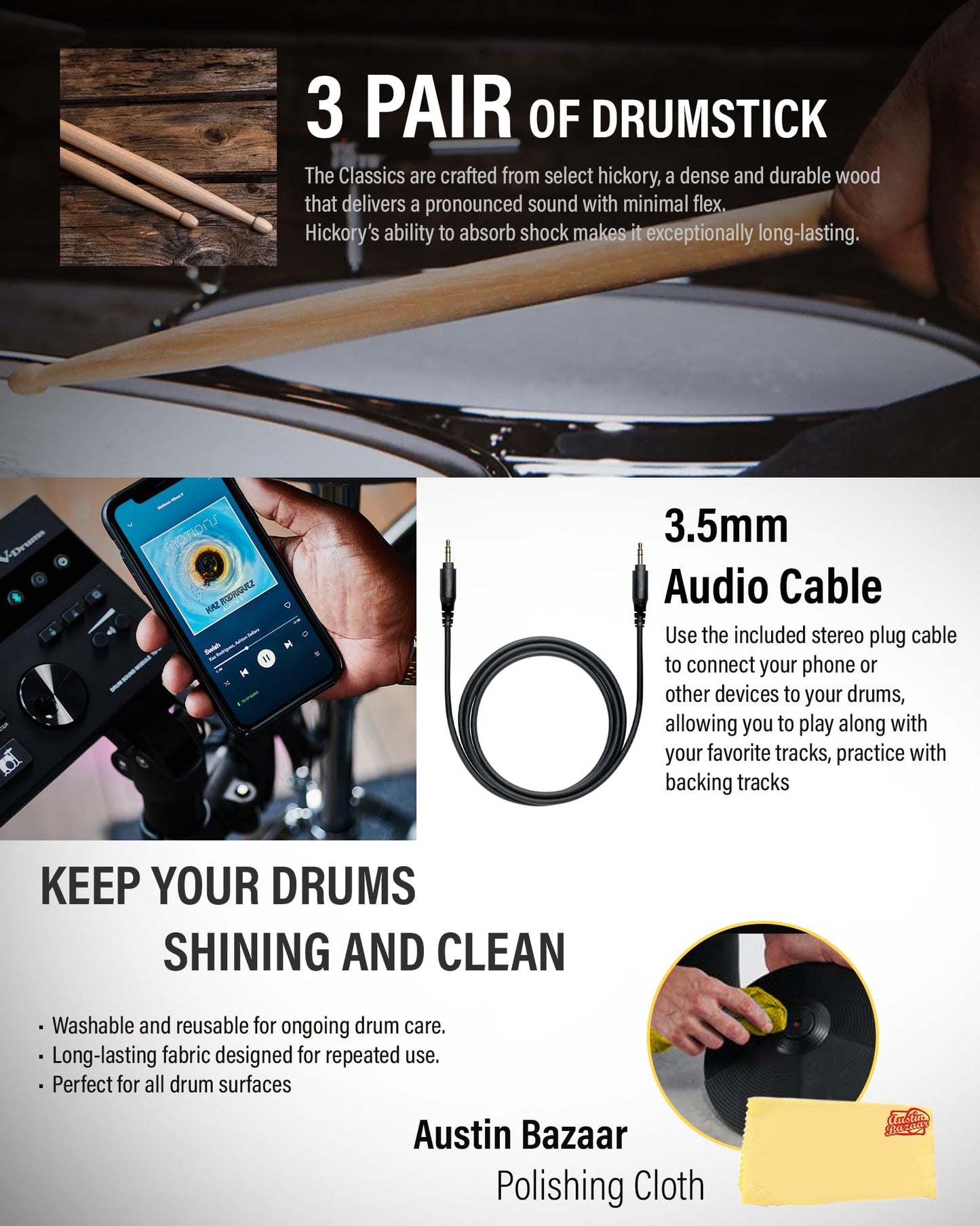 Roland Generation 2 V-Drums TD-17KVX2 Electronic Drum Set Bundle with 3.5mm Audio Cable, Drumstick Bag, 3 Pairs of Drumsticks, and Austin Bazaar Polishing Cloth