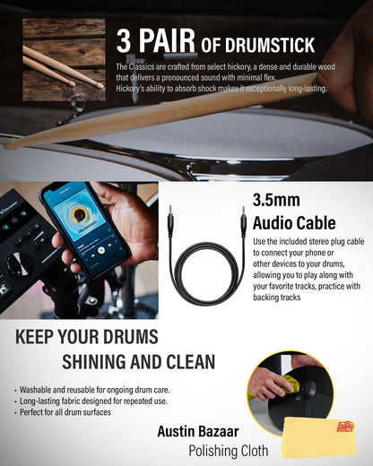Roland Generation 2 V-Drums TD-17KVX2 Electronic Drum Set Bundle with 3.5mm Audio Cable, Drumstick Bag, 3 Pairs of Drumsticks, and Austin Bazaar Polishing Cloth
