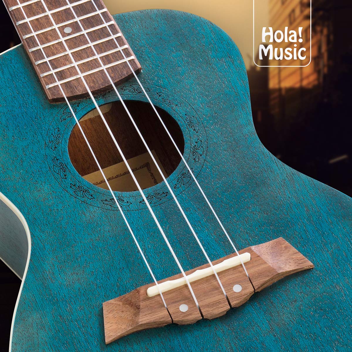 Concert Ukulele Bundle, Deluxe Series by Hola! Music, 24 Inch Mahogany Ukulele with Aquila Nylgut Strings Installed, Padded Gig Bag, Strap and Picks - Blue