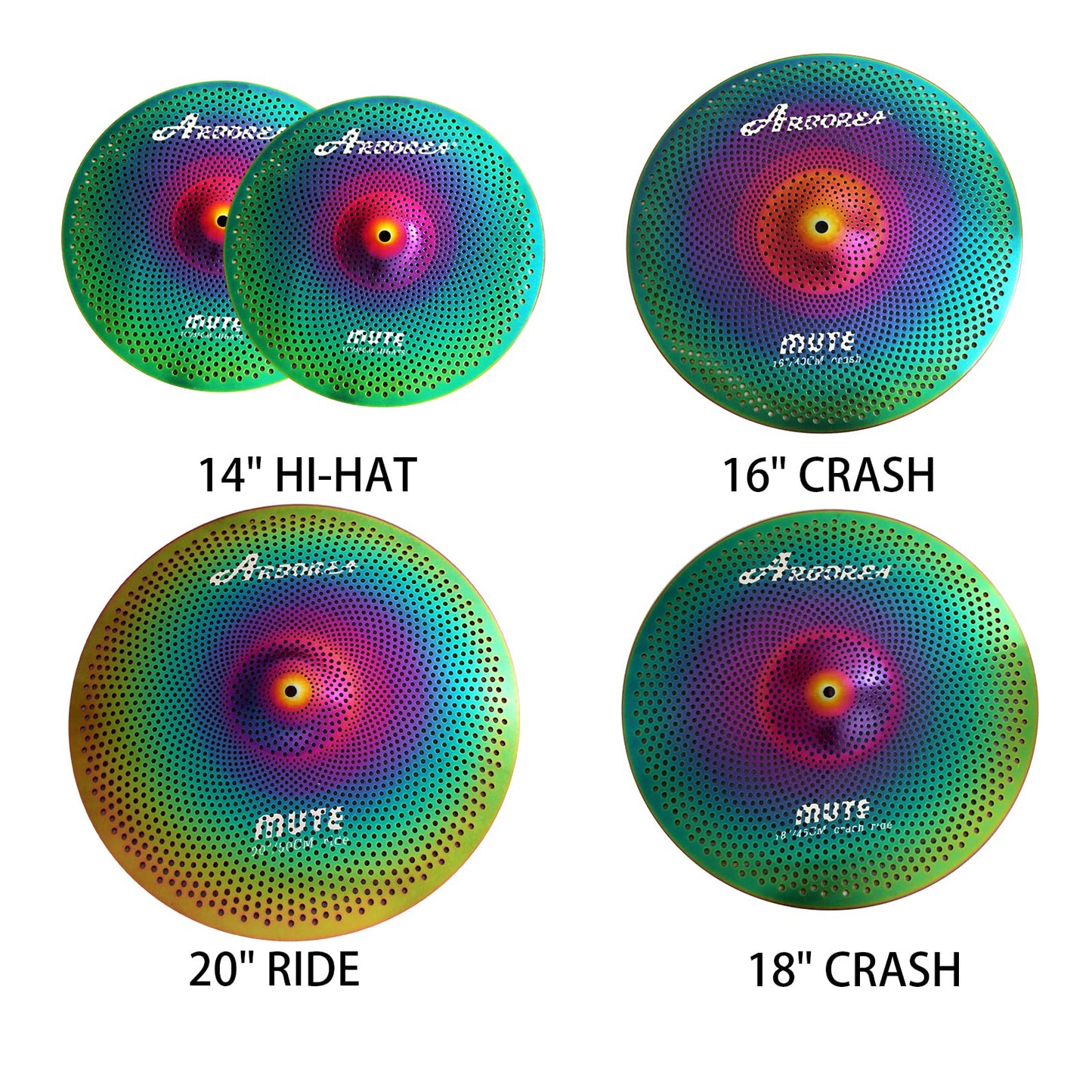 Low Volume Cymbal Pack Mute Set 14'Hihats+16"Crash+18'Crash+20"Ride 5 Pieces Silver Drummer Practice Quiet Cymbal for Drum Set