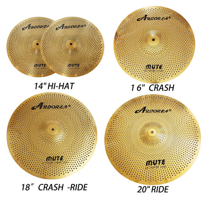 Low Volume Cymbal Pack Mute Set 14'Hihats+16"Crash+18'Crash+20"Ride 5 Pieces Silver Drummer Practice Quiet Cymbal for Drum Set