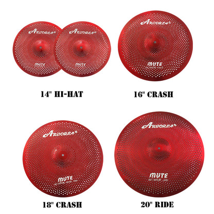 Low Volume Cymbal Pack Mute Set 14'Hihats+16"Crash+18'Crash+20"Ride 5 Pieces Silver Drummer Practice Quiet Cymbal for Drum Set